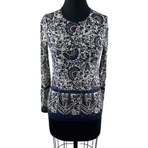 TORY BURCH White Navy Blouse Cotton Moroccan Crew Neck Pullover Size XX-Small